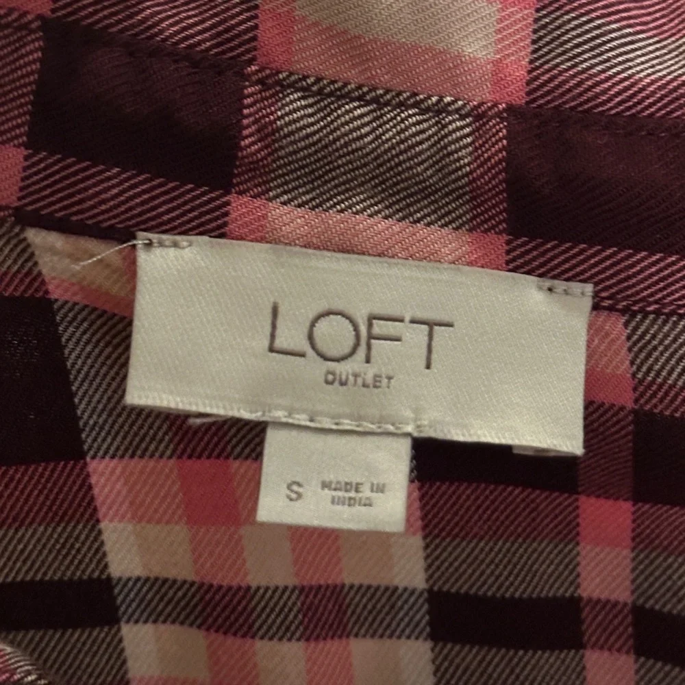 LOFT Outlet Plaid Shirt Dress Small Tie Waist Burgundy Pink